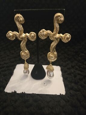Schiaparelli Inspired Gold-Tone Baroque Cross Drop Earrings with Pearl Dangles
